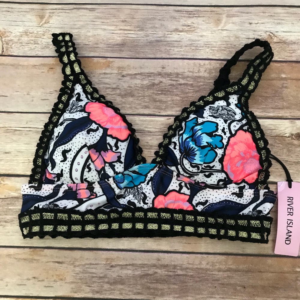 Crochet and Ribbon Floral Print Bikini Top